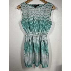 Feathers Dress Womens Medium Green White Sleeveless Geometric Print Zip Pockets